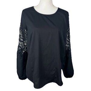 Q&A M/L Black Blouse Top  Lace Panel Inset Sleeves Goth Boho Chic Fairy Romantic